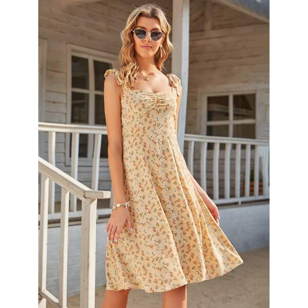 

Knot Straps Ruched Front Slit Hem Floral Cami Dress, Yellow