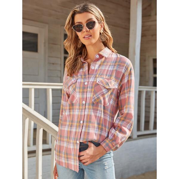 

Drop Shoulder Flap Pocket Tartan Longline Blouse, Multicolor