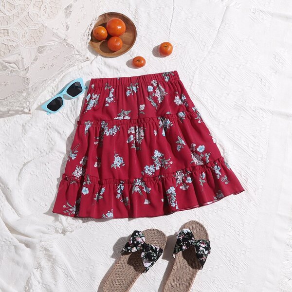 

Frill Trim Floral Layered Hem Skirt, Burgundy