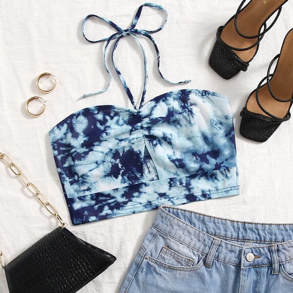 

Halterneck Knot Back Ruched Cut-out Tie Dye Crop Top, Blue