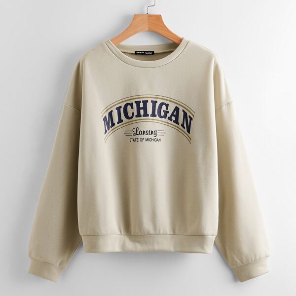 

Drop Shoulder Letter Graphic Thermal Sweatshirt, Khaki