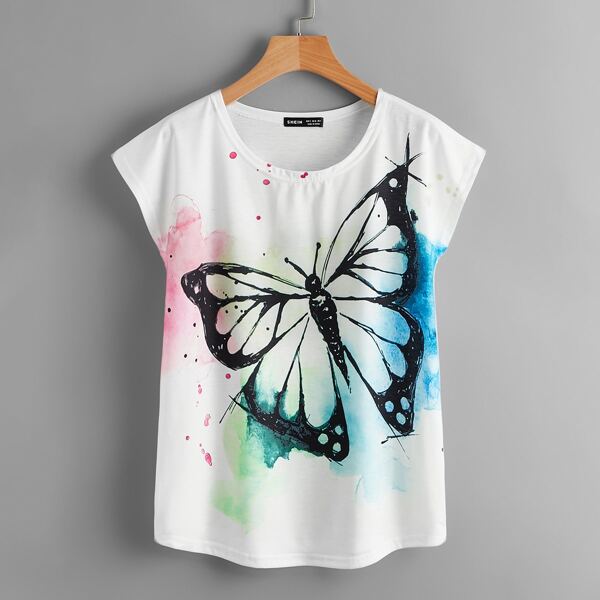 

Batwing Sleeve Butterfly Print Tee, White