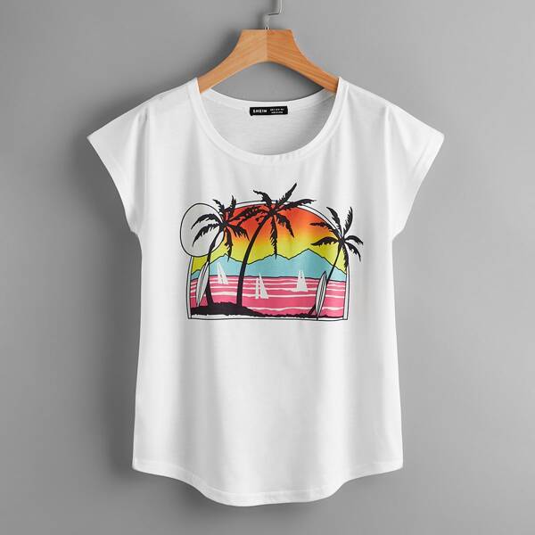 

Batwing Sleeve Plants & Graphic Print Tee, White