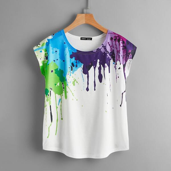 

Batwing Sleeve Splash Ink Print Tee, White