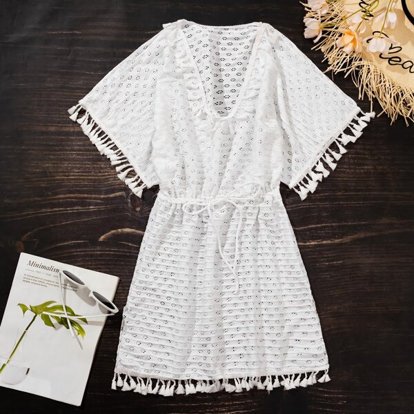 

Tassel Trim Drawstring Waist Cover Up, White