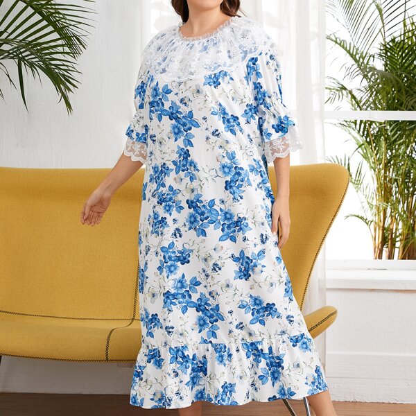 

Plus Floral Embroidered Mesh Trim Nightdress, Multicolor