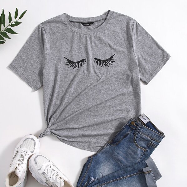

Plus Eyelash Print Short Sleeve Tee, Grey