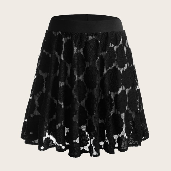 

Plus Solid High Waisted Lace Skirt, Black