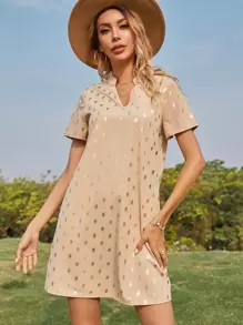 Gold Dot Notch Neck Tunic Dress - Khaki - View 1