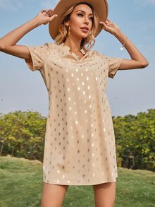 Gold Dot Notch Neck Tunic Dress - Khaki - View 6
