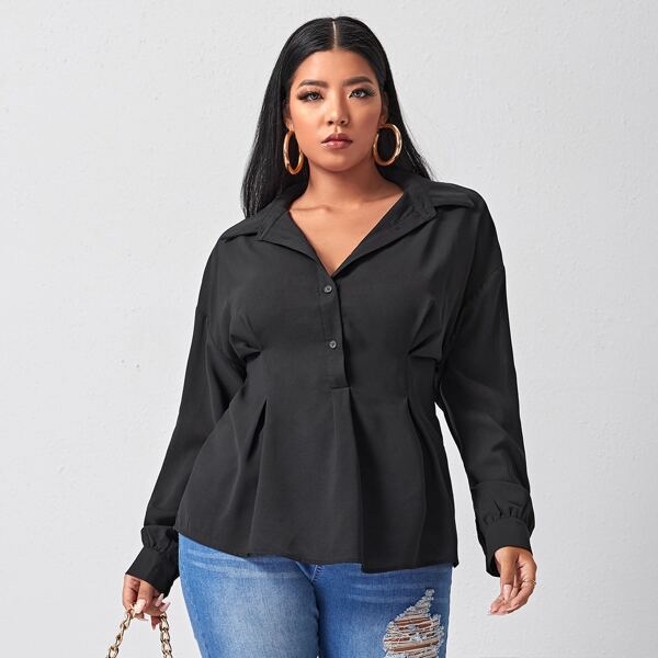 

Plus Solid Half Button Plicated Blouse, Black