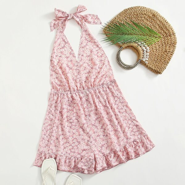 

Plus Ditsy Floral Halter Neck Ruffle Hem Romper, Baby pink