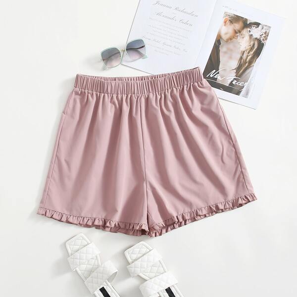 

Plus Elastic Waist Frill Hem Shorts, Dusty pink