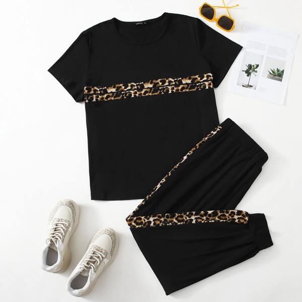 

Plus Contrast Leopard Panel Tee With Sweatpants, Black