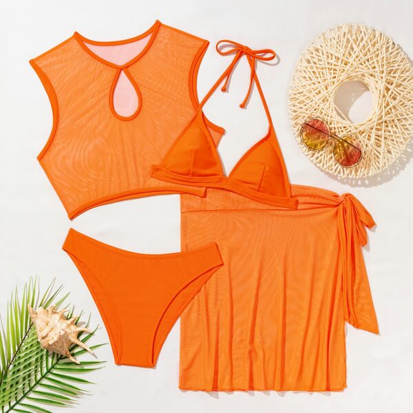 

4pack Triangle Bikini Swimsuit & Beach Skirt, Orange