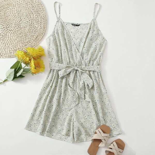 

Plus Ditsy Floral Print Surplice Front Belted Cami Romper, Mint green