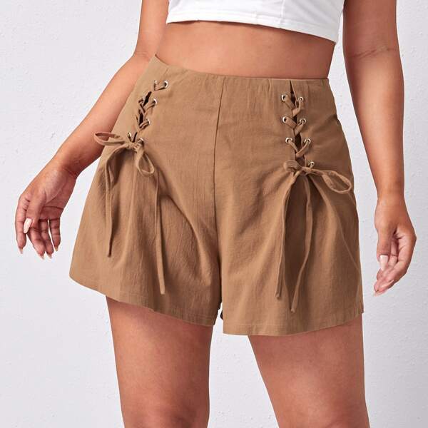 

Plus Lace-up Solid Shorts, Khaki