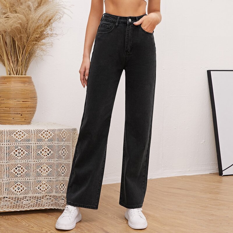 

High Waist Straight Leg Jeans, Black