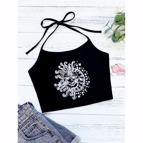 

Sun And Moon Print Tie Back Halter Top, Black