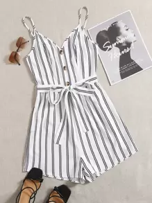 SHEIN Self Belted Striped Cami Romper - White - View 1