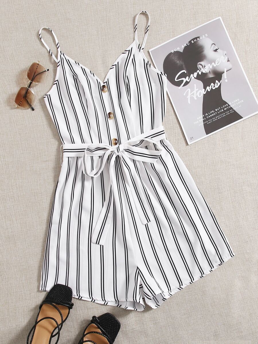 SHEIN Self Belted Striped Cami Romper - White - View 1