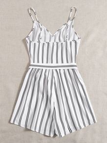 SHEIN Self Belted Striped Cami Romper - White - View 2