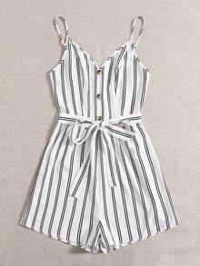SHEIN Self Belted Striped Cami Romper - White - View 3