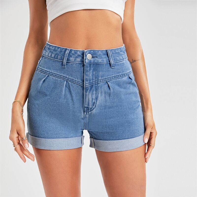 

High Waist Roll Up Hem Denim Shorts, Medium wash