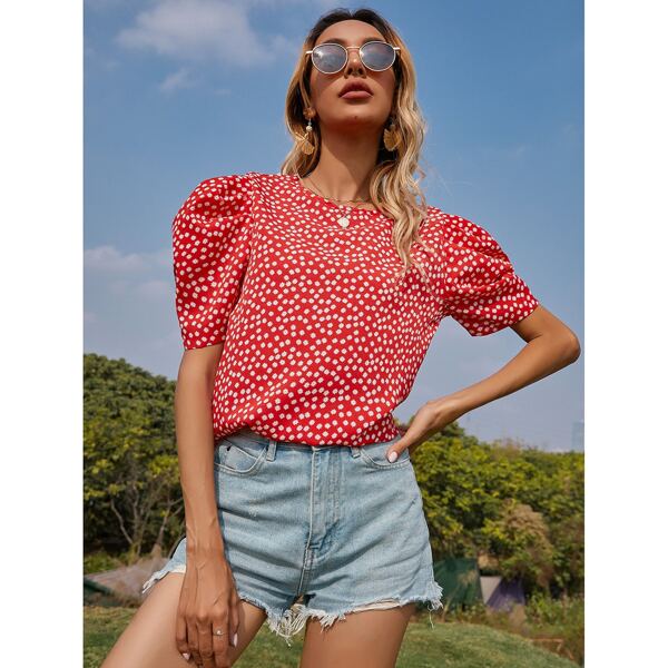 

Ditsy Floral Keyhole Back Blouse, Red