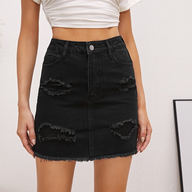 

Raw Hem Ripped Denim Skirt, Black