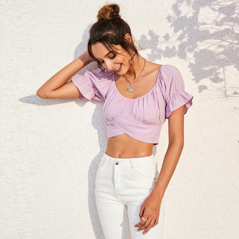 

Solid Ruched Bust Tie Back Crop Top, Lilac purple