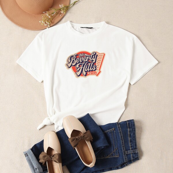 

Round Neck Letter Graphic Tee, White