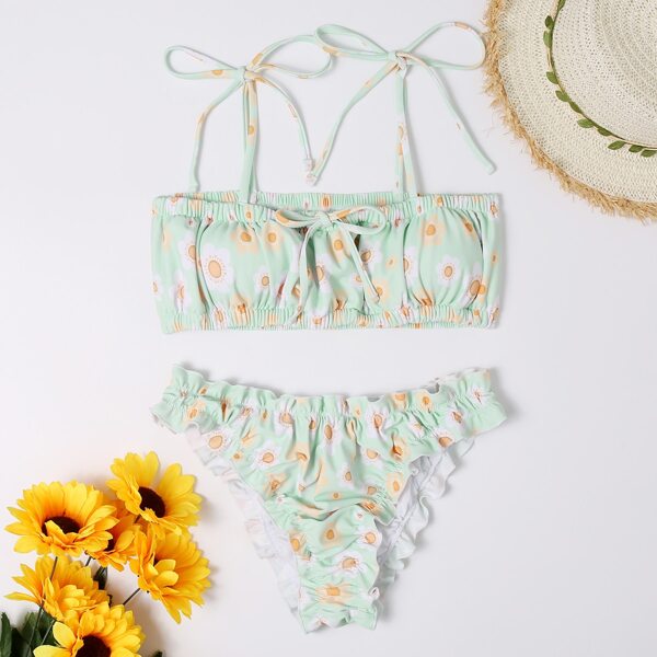 

Floral Tie Shoulder Lettuce Trim Bikini Swimsuit, Multicolor