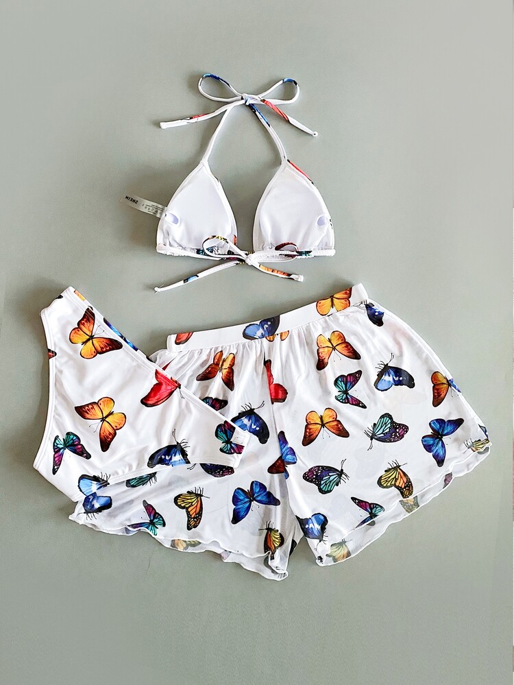 Swim Mod 蝴蝶圖案比基尼套裝三角形文胸和低至臀部下裝和木耳邊短褲3入組泳衣 - 彩色 - 查看 2