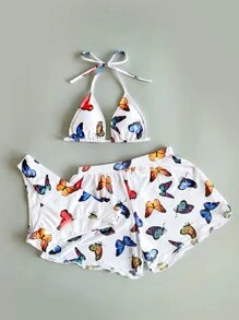 Swim Mod 蝴蝶圖案比基尼套裝三角形文胸和低至臀部下裝和木耳邊短褲3入組泳衣 - 彩色 - 查看 3