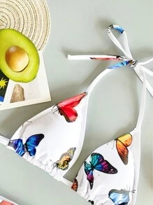 Swim Mod 蝴蝶圖案比基尼套裝三角形文胸和低至臀部下裝和木耳邊短褲3入組泳衣 - 彩色 - 查看 5