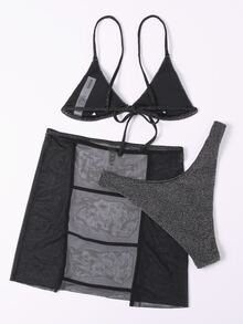 3packs Glitter Decor Bikini Set & Mesh Beach Skirt, For Summer Vacation - Black - View 2