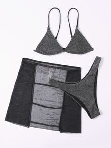 3packs Glitter Decor Bikini Set & Mesh Beach Skirt, For Summer Vacation - Black - View 3
