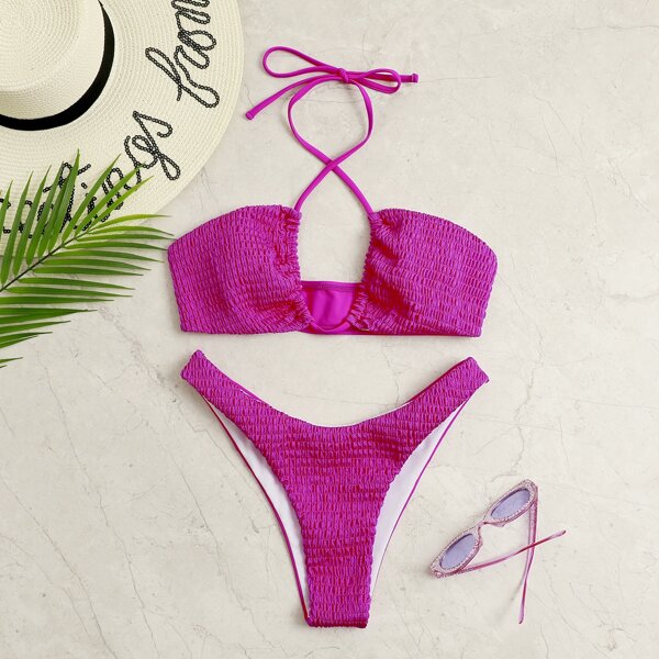 

Smocked Halter Bikini Swimsuit, Hot pink
