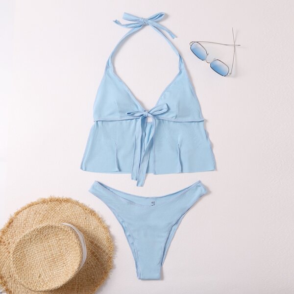

Rib Tie Front Ruffle Hem Bikini Swimsuit, Baby blue