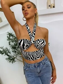 Cut Out Front Zebra Striped Halter Top
