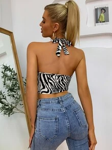 Cut Out Front Zebra Striped Halter Top