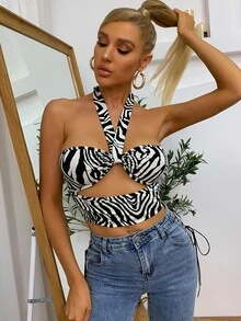 Cut Out Front Zebra Striped Halter Top