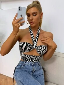 Cut Out Front Zebra Striped Halter Top