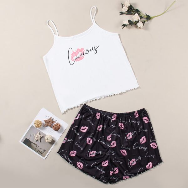 

Plus Letter & Lip Print PJ Set, Multicolor