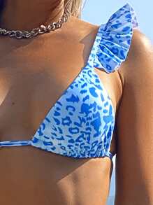 Conjunto de bikini triangular con diseño de leopardo y ribete de volantes con falda de playa - Azul - Ver 3