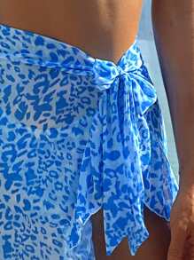 Conjunto de bikini triangular con diseño de leopardo y ribete de volantes con falda de playa - Azul - Ver 4