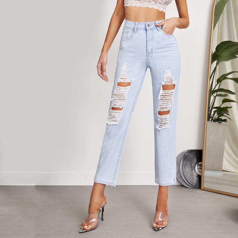 

High Waist Ripped Cropped Jeans, Light wash