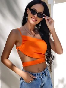 SHEIN VCAY Cut Out Ruched One Shoulder Top - Orange - View 1