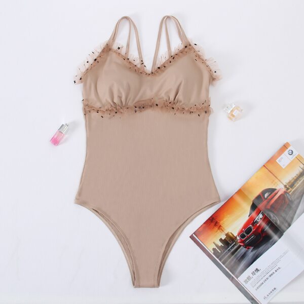 

Glitter Mesh Trim One Piece Swimsuit, Mocha brown